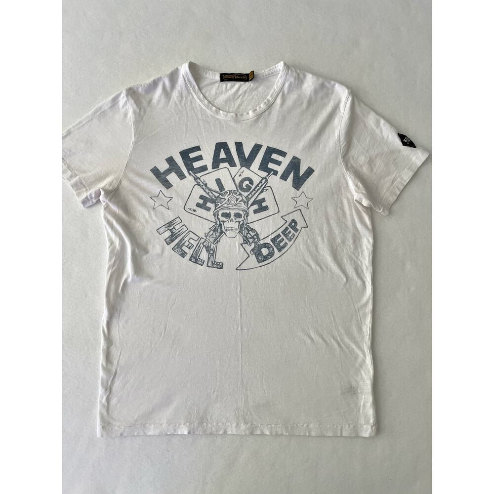 Johnson Motors Inc Shirt Mens L White Heaven High Hell Deep Skull Biker Tee